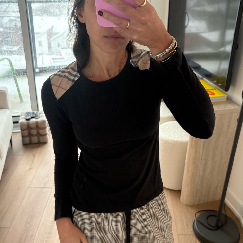 Burberry Black Long Sleeve Cotton Top with Burberry Pattern on Shoulders